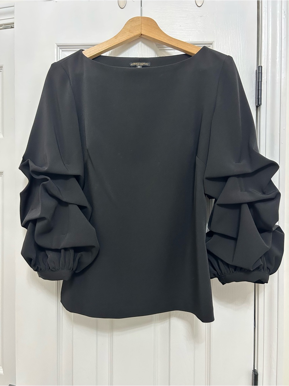 Alberto Makali Black Ruffled Balloon-Sleeve Blouse